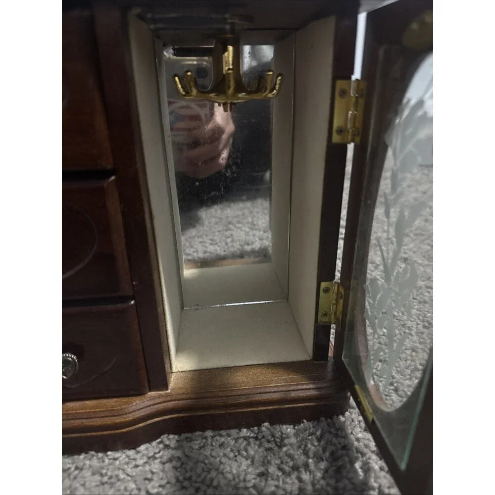 Small Vintage Wooden Jewelry Box Armoire Etched Glass Hearts Drawers Cabinet